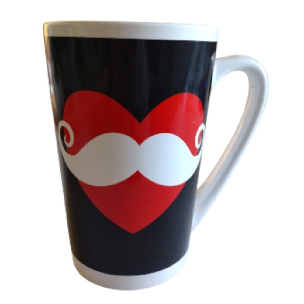 5" Tall Red Heart & Handlebar Mustache Coffee‎ Mug Ceramic 12 oz Valentines